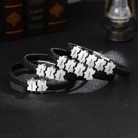 Armband mit Gravur für Herren – Schwarzes Leder & Edelstahl, personalisiert mit Namen, Geschenk für Ihn, Papa, Freund