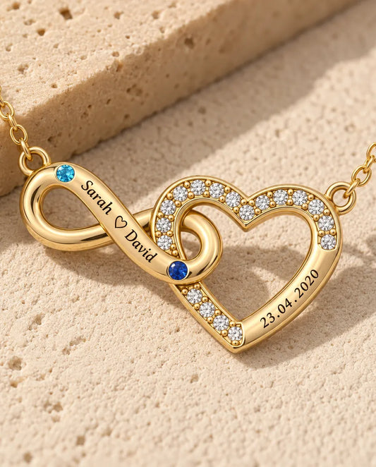 Personalisierte Kette mit 2 Namen und Datum - goldenes Unendlichkeit Herz mit zwei Geburtssteinen