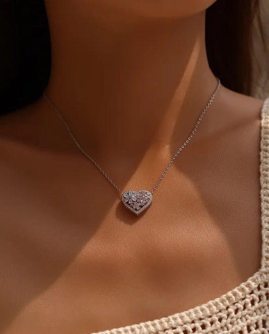 Herzkette mit Perlmutt Blüte - rosa und klare Zirkonia auf 16 x 18 mm Anhänger, 925 Sterlingsilber, 40 plus 5 cm