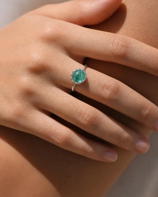 Moosachat Ring – Runder Cabochon in Blütenblatt-Zargenfassung, größenverstellbar, 925er Sterlingsilber, Geschenk für Sie
