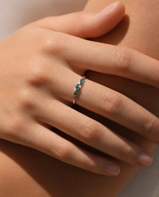 Moosachat Ring – Blattranken-Design mit sechs Marquise-Natursteinen und Zirkonia-Akzenten, 925er Sterlingsilber, Naturgeschenk für Sie