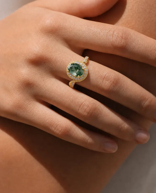 Moosachat Ring – Oval im Rosenschliff mit Milgrain-Halo, 10K vergoldetes 925er Sterlingsilber, Vintage-Ring für Damen