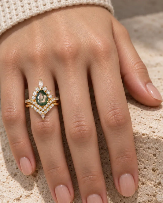 Moosachat Ring Set - an der Hand getragen