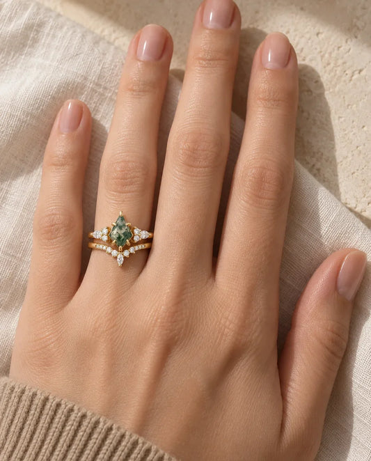 Moosachat Ring Set - an der Hand getragen