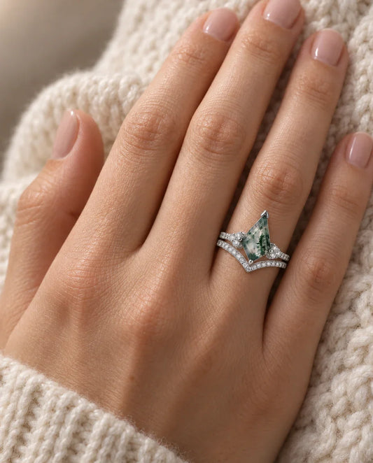 Moosachat Ring Set - an der Hand getragen