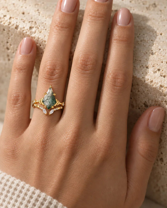 Moosachat Ring Set - an der Hand getragen