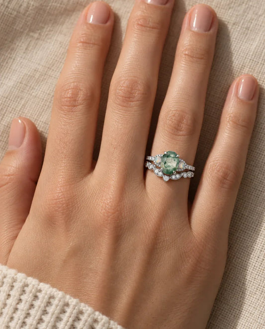 Moosachat Ring Set - an der Hand getragen