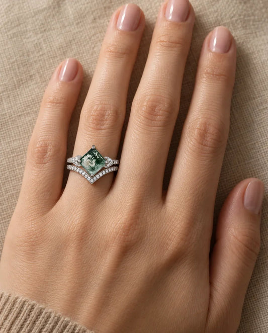 Moosachat Ring Set - an der Hand getragen