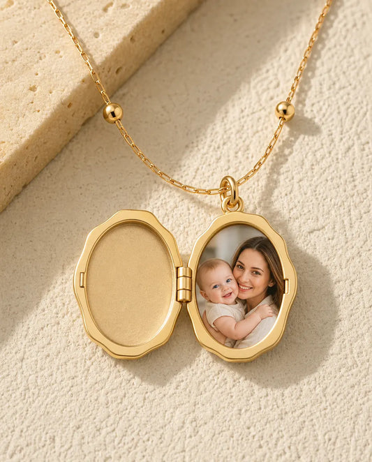 Personalisierte Schutzengel Medaillon Kette mit Perlmutt für 1 Foto, Foto-Medaillon in Gold, Geschenk für sie