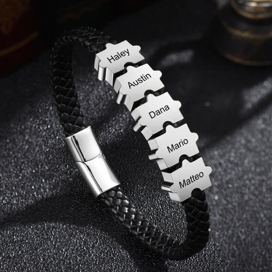 Armband mit Gravur für Herren – Schwarzes Leder & Edelstahl, personalisiert mit Namen, Geschenk für Ihn, Papa, Freund