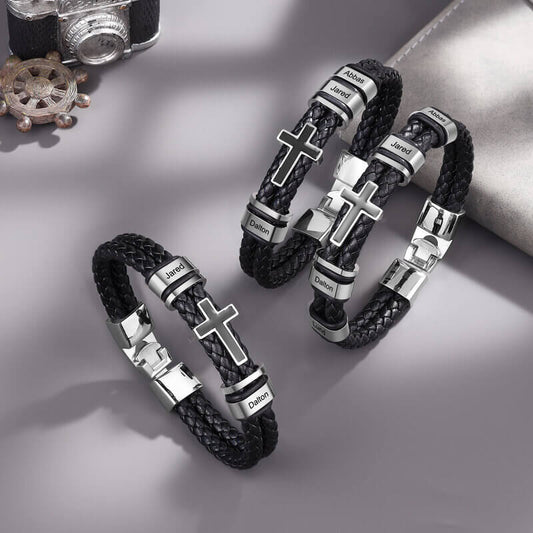Armband mit Gravur für Herren – Leder & Edelstahl in Schwarz, 2–4 gravierte Namen, Geschenk für Ihn, Papa, Freund