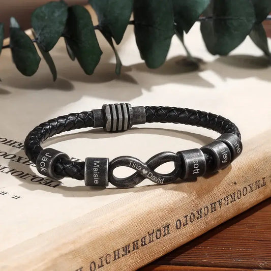Armband mit Gravur für Herren – Infinity Lederarmband mit Namensgravur, Edelstahl, Geschenk für Ihn, Papa, Jahrestag