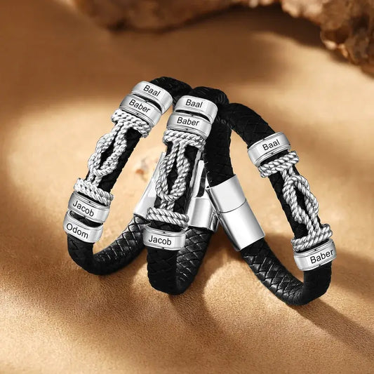 Armband mit Gravur für Männer – schwarzes Leder, Edelstahl, personalisiertes Geschenk für Ihn, Papa, Freund