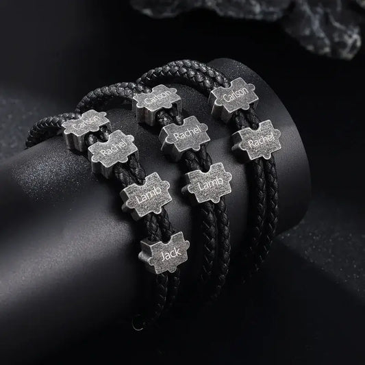 Armband mit Gravur für Männer – personalisierte Puzzle-Perlen, Leder & Edelstahl, Geschenk für Ihn, Papa, Freund