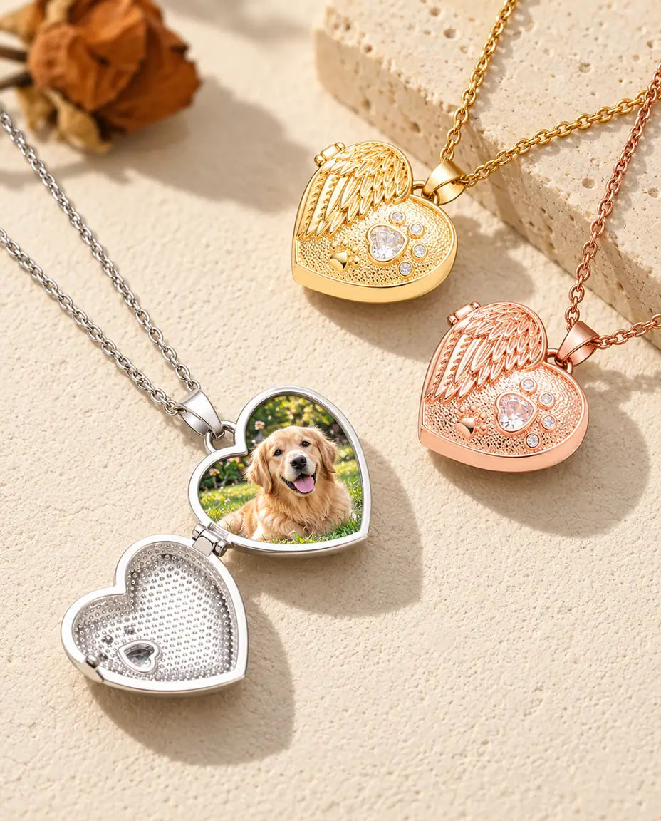 Offenes silberfarbenes Medaillon mit einem Golden-Retriever-Foto, daneben die gold- und roségoldfarbene Variante