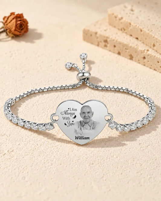 Personalisiertes Herz-Fotoarmband im Tennis-Stil in Silberfarben, graviert mit Porträt, Spruch und Name