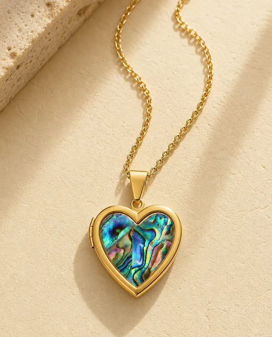 Personalisierte Herz-Medaillon Kette mit Abalone-Muschel für 2 Fotos, Herzmedaillon mit Perlmutt und Gravur in Gold oder Silber