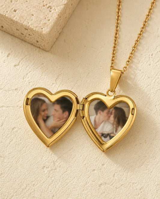 Personalisierte Herz-Medaillon Kette mit Abalone-Muschel für 2 Fotos, Herzmedaillon mit Perlmutt und Gravur in Gold oder Silber