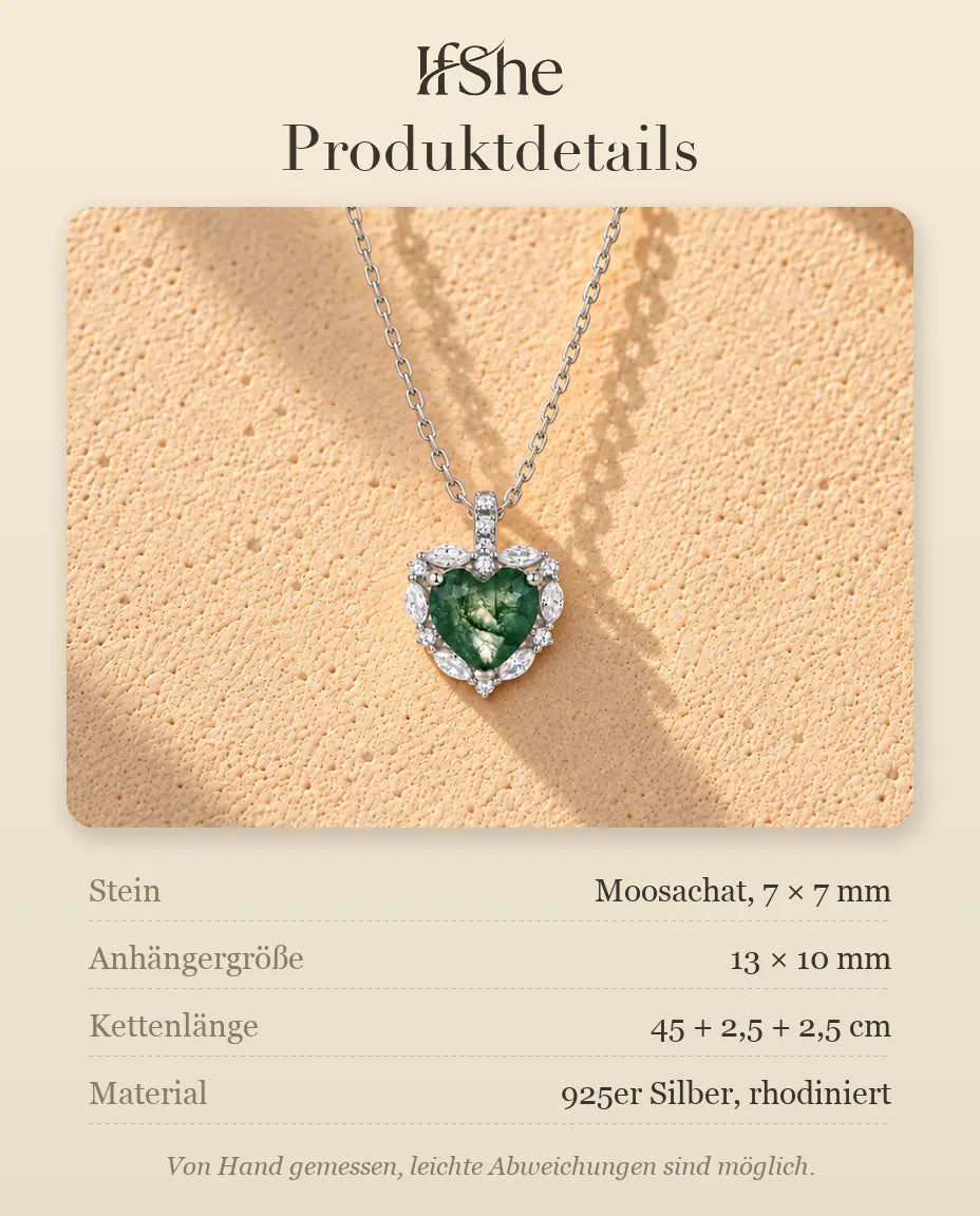 Herz Moosachat Halo Kette aus 925 Sterlingsilber - Produktdetails mit Steinen, Anhängergröße, Kettenlänge und Material