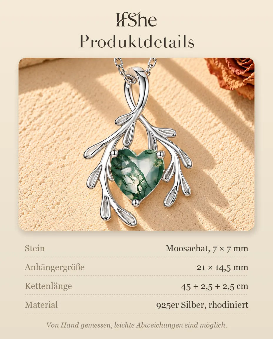 Herz Moosachat Kette mit Zweigen aus 925 Sterlingsilber - Produktdetails mit Steinen, Anhängergröße, Kettenlänge und Material