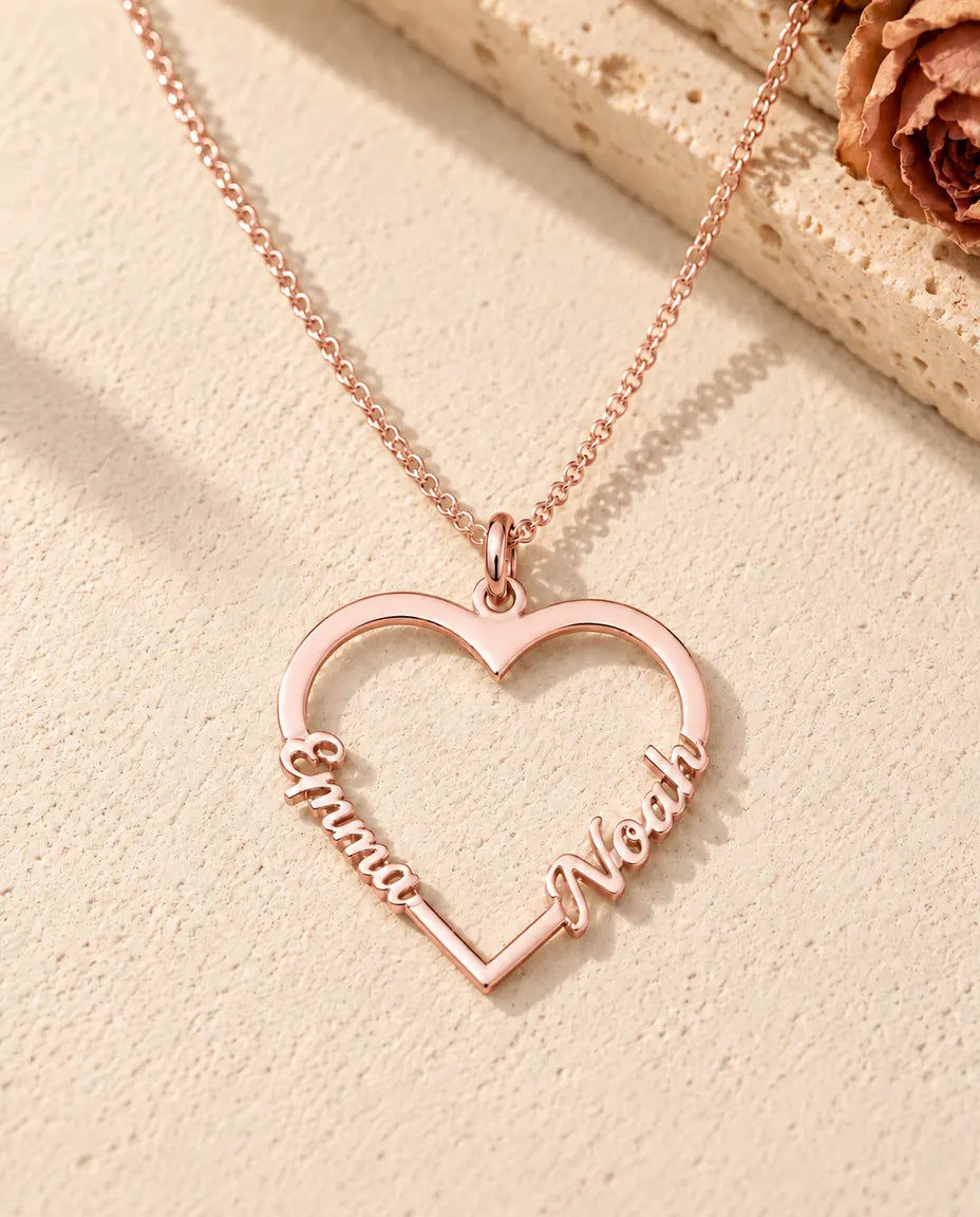 Herz Namenskette mit zwei Namen aus 925 Sterlingsilber - in Roségold