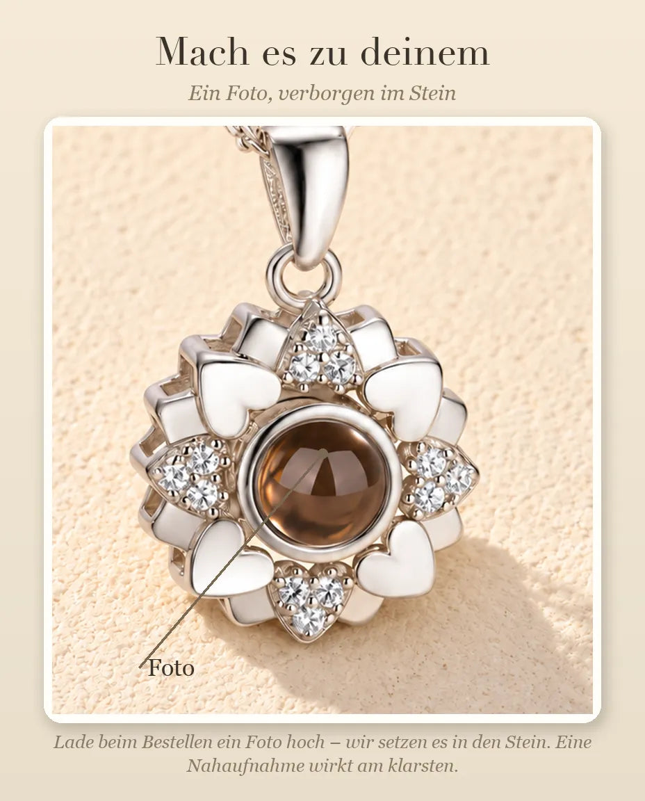 Anleitung zur Personalisierung: wo dein Foto im Projektionsstein der Herzblumen-Kette sitzt