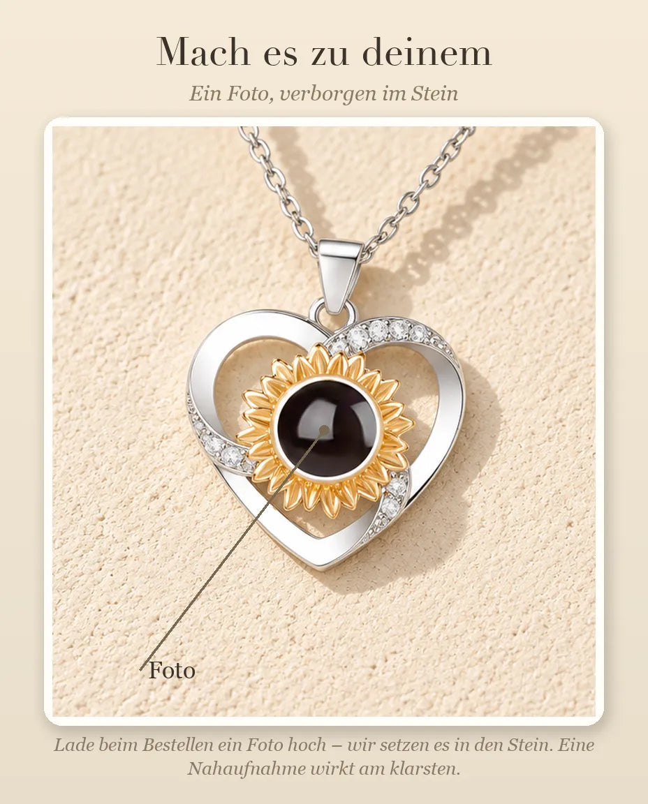 Anleitung zur Personalisierung: wo dein Foto im Projektionsstein der Sonnenblumen-Herzkette sitzt