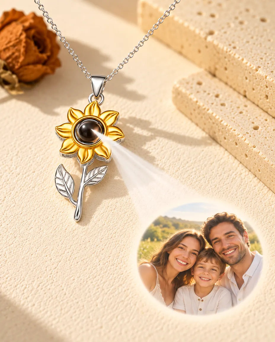Sonnenblumen-Kette projiziert ein Familienfoto auf hellen Gips