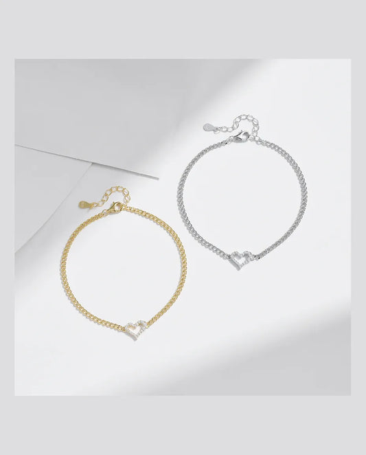 Moissanit Armband mit offenem Herz an Panzerkette – 925 Sterlingsilber, wahlweise silbern oder vergoldet