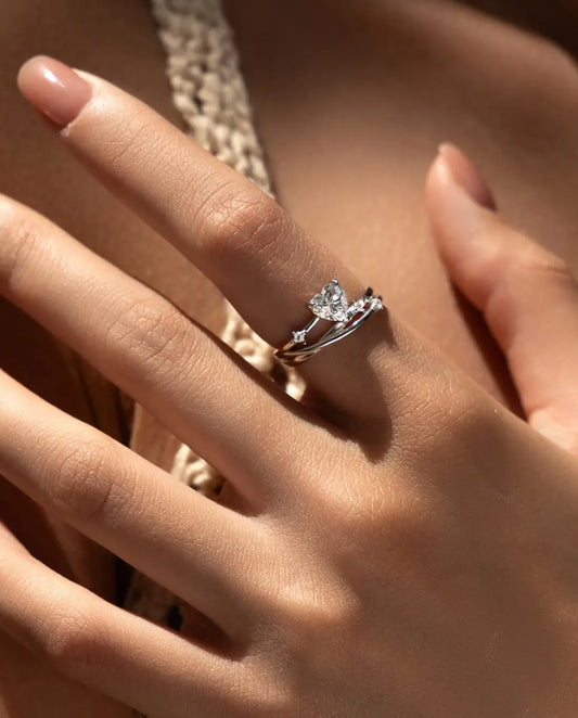 Moissanit Ring – 0,8ct im Herz-Schliff, mehrlagige Crossover-Ringschiene aus 925er Sterlingsilber, Geschenk für Sie