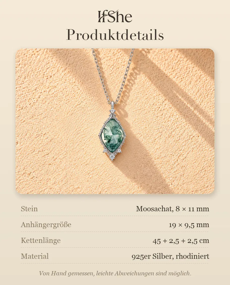 Moosachat Kette in Rautenform aus 925 Sterlingsilber - Produktdetails mit Steinen, Anhängergröße, Kettenlänge und Material