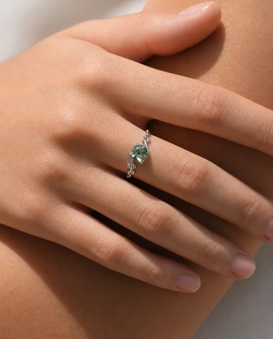 Moosachat Ring – Blätterranke mit rundem Stein im Rosenschliff, 925er Sterlingsilber, größenverstellbar, Naturring für Damen