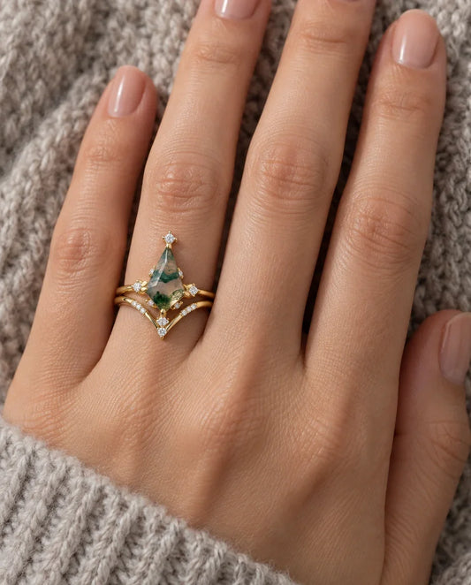 Moosachat Ring Set - an der Hand getragen