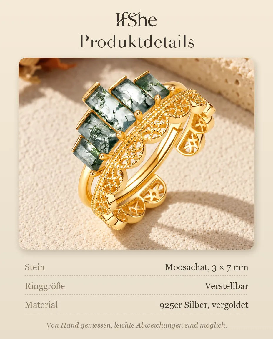 Moosachat Stapelring Set aus vergoldetem 925 Sterlingsilber - Produktdetails mit Steingröße, Ringgröße und Material