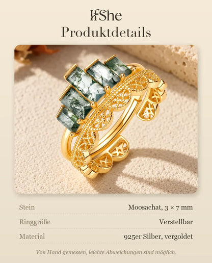 Moosachat Stapelring Set aus vergoldetem 925 Sterlingsilber - Produktdetails mit Steingröße, Ringgröße und Material