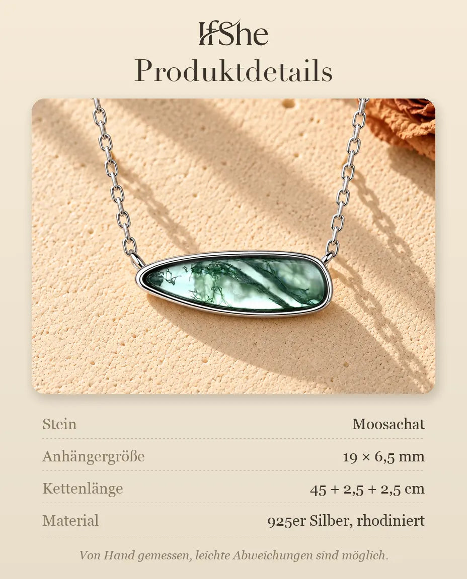 Moosachat Stabkette aus 925 Sterlingsilber - Produktdetails mit Steinen, Anhängergröße, Kettenlänge und Material