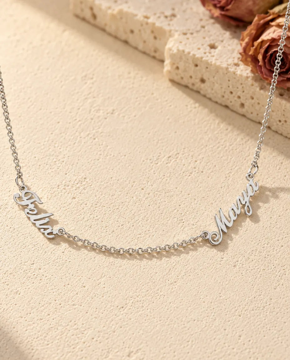 Namenskette mit zwei Namen aus 925 Sterlingsilber - Vorderansicht in Silber