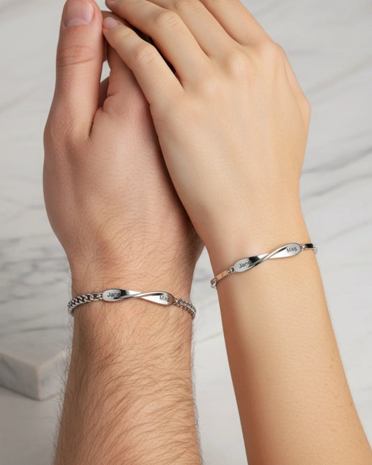 Partnerarmbänder mit Infinity-Namensschild – Kupfer, graviert mit Namen oder Datum, Geschenk für Paare zum Jahrestag