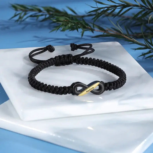 Partnerarmbänder Infinity mit Namen – Unendlichkeits-Set in Schwarz, Kupfer, 2 Stück, personalisiertes Geschenk für Paare