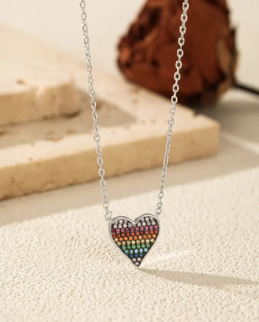 Regenbogen Herz Kette - Anhänger mit Pavé Farbverlauf aus Zirkonia, 40+5 cm, 925 Sterlingsilber