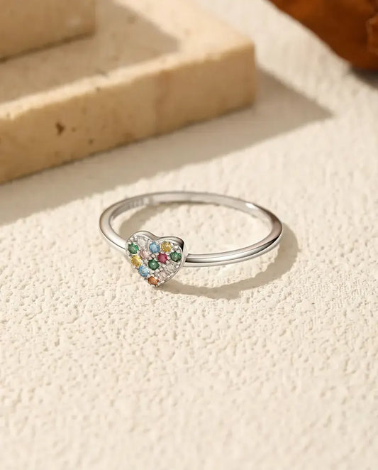 Regenbogen Herz Ring aus 925 Sterlingsilber – Herz mit buntem Zirkonia-Pavé, zarter Stapelring für Damen, Größen 5-9
