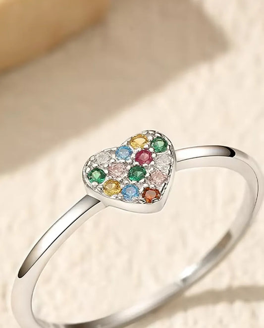 Regenbogen Herz Ring aus 925 Sterlingsilber – Herz mit buntem Zirkonia-Pavé, zarter Stapelring für Damen, Größen 5-9