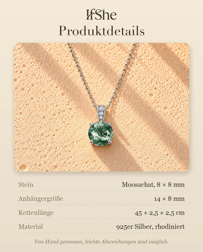Runde Moosachat Solitär Kette aus 925 Sterlingsilber - Produktdetails mit Steinen, Anhängergröße, Kettenlänge und Material