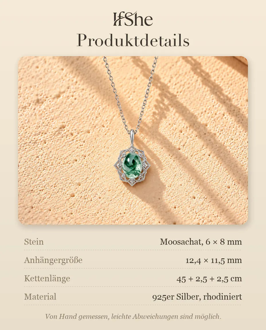 Vintage Moosachat Kette aus 925 Sterlingsilber - Produktdetails mit Steinen, Anhängergröße, Kettenlänge und Material