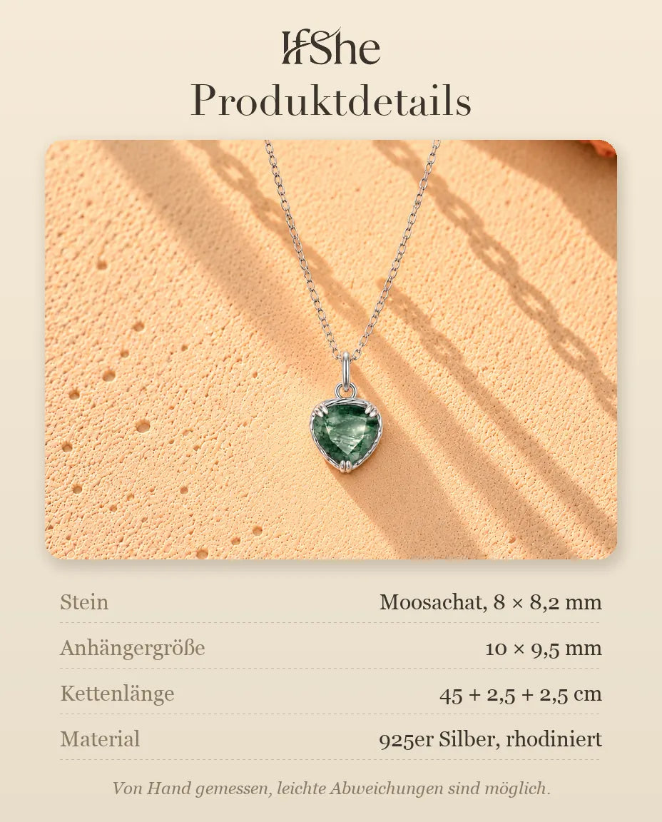 Herz Moosachat Kette aus 925 Sterlingsilber - Produktdetails mit Steinen, Anhängergröße, Kettenlänge und Material